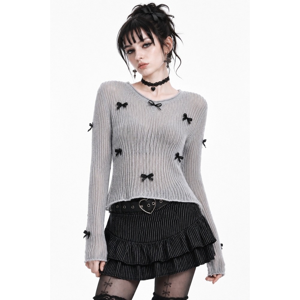 Hot Topic Bow Knit Sweater Womens L Grey Black Ribbed Fuzzy Whimsigoth Coquette